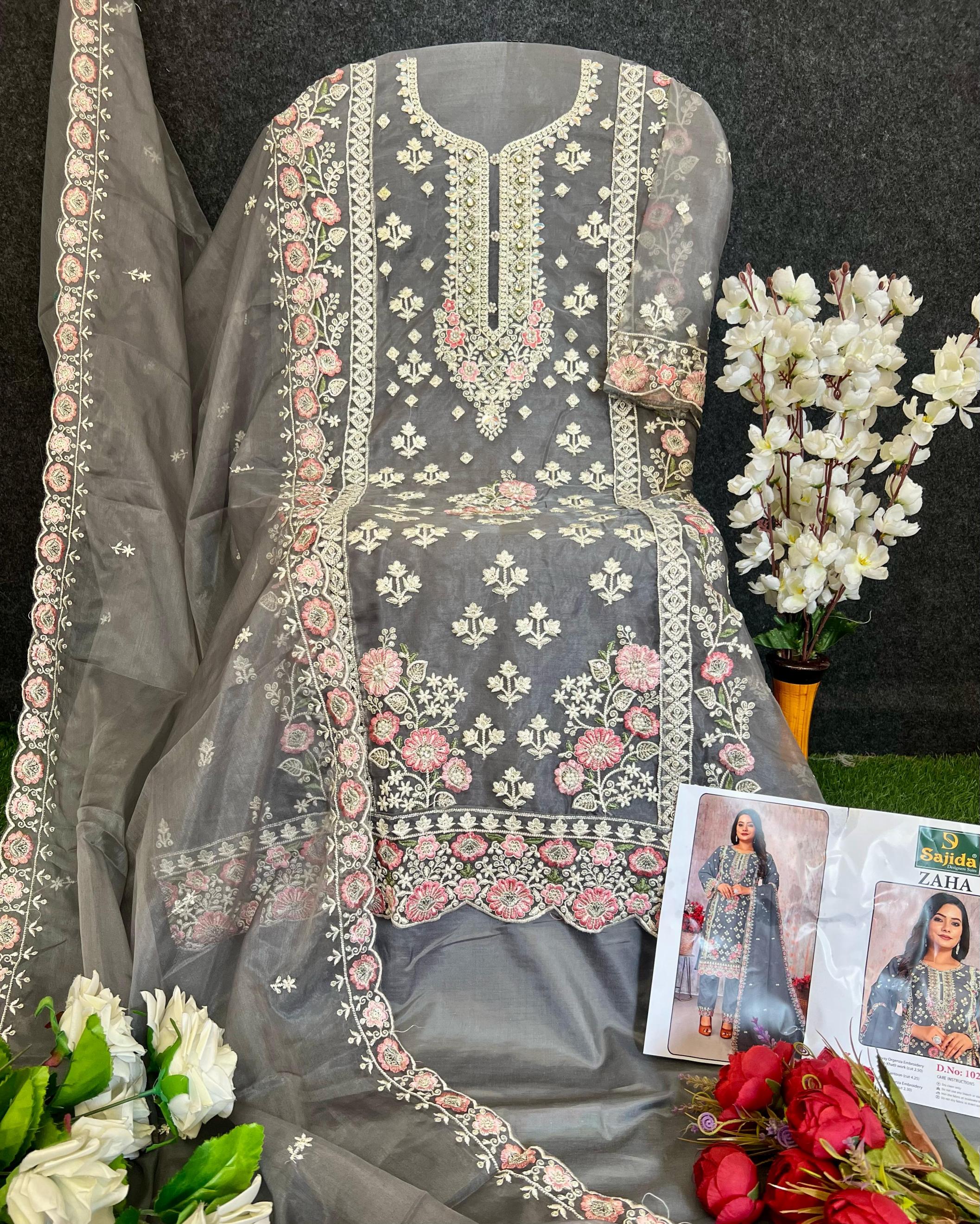 sajida present by zaha vol 2 organza party wear pakistani kurta set