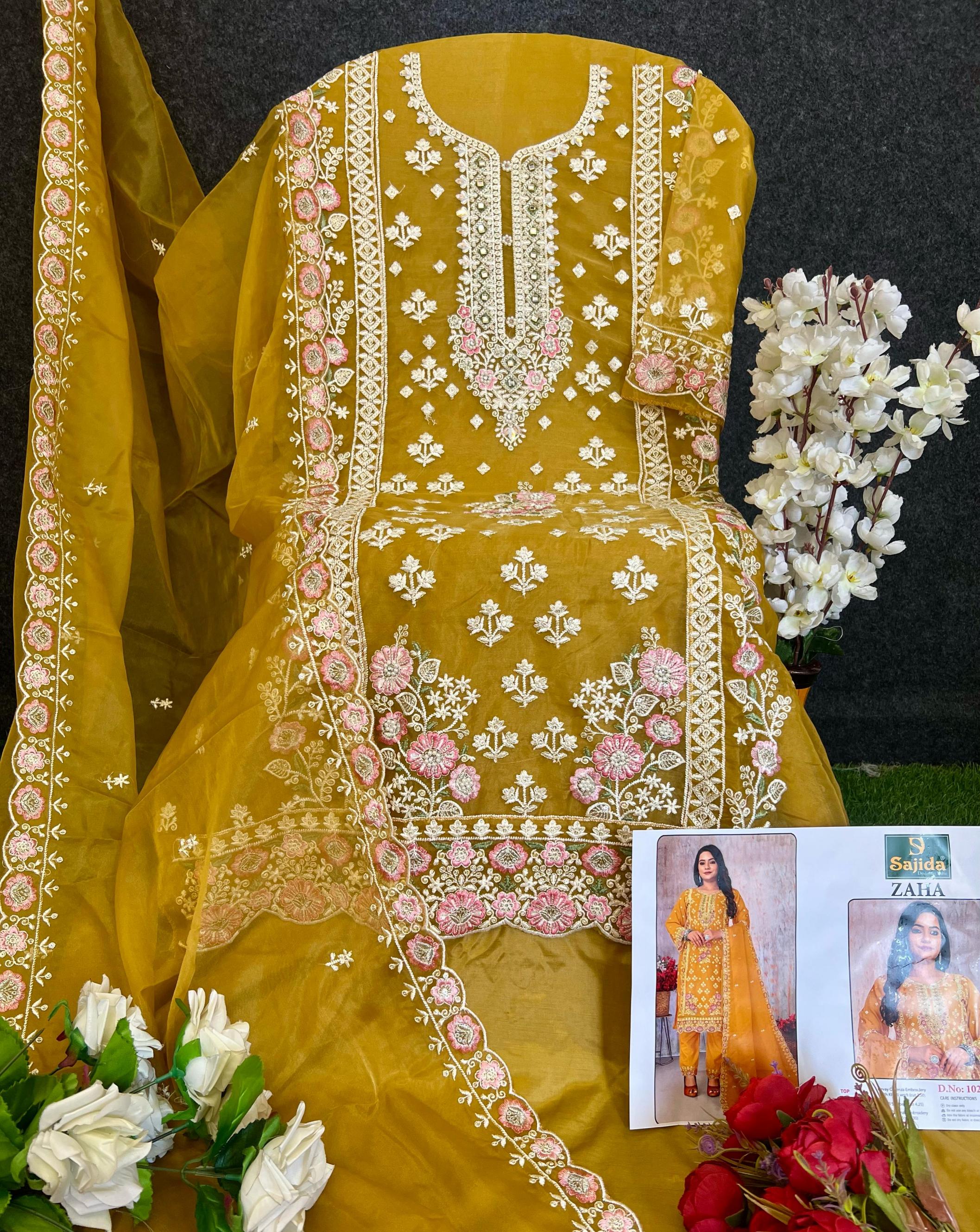 sajida present by zaha vol 2 organza party wear pakistani kurta set