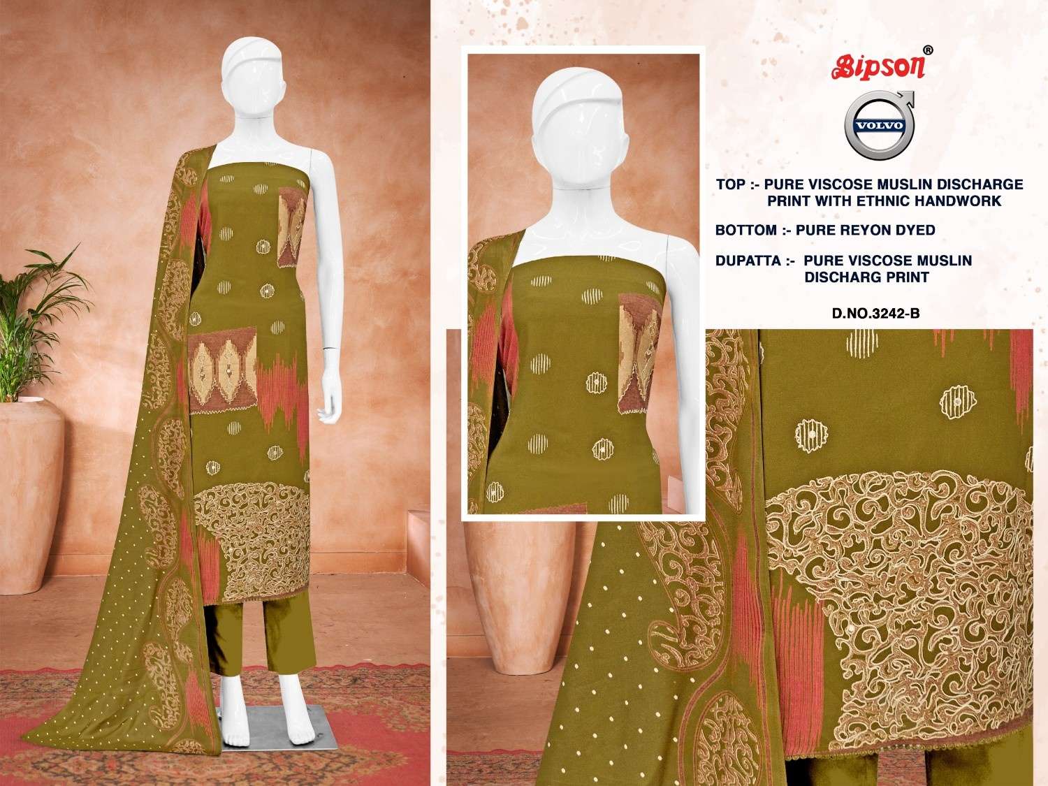 BIPSON PRINTS VOLVO 3242 VISCOSE MUSLIN SHOP TRENDY 3PCS DRESS