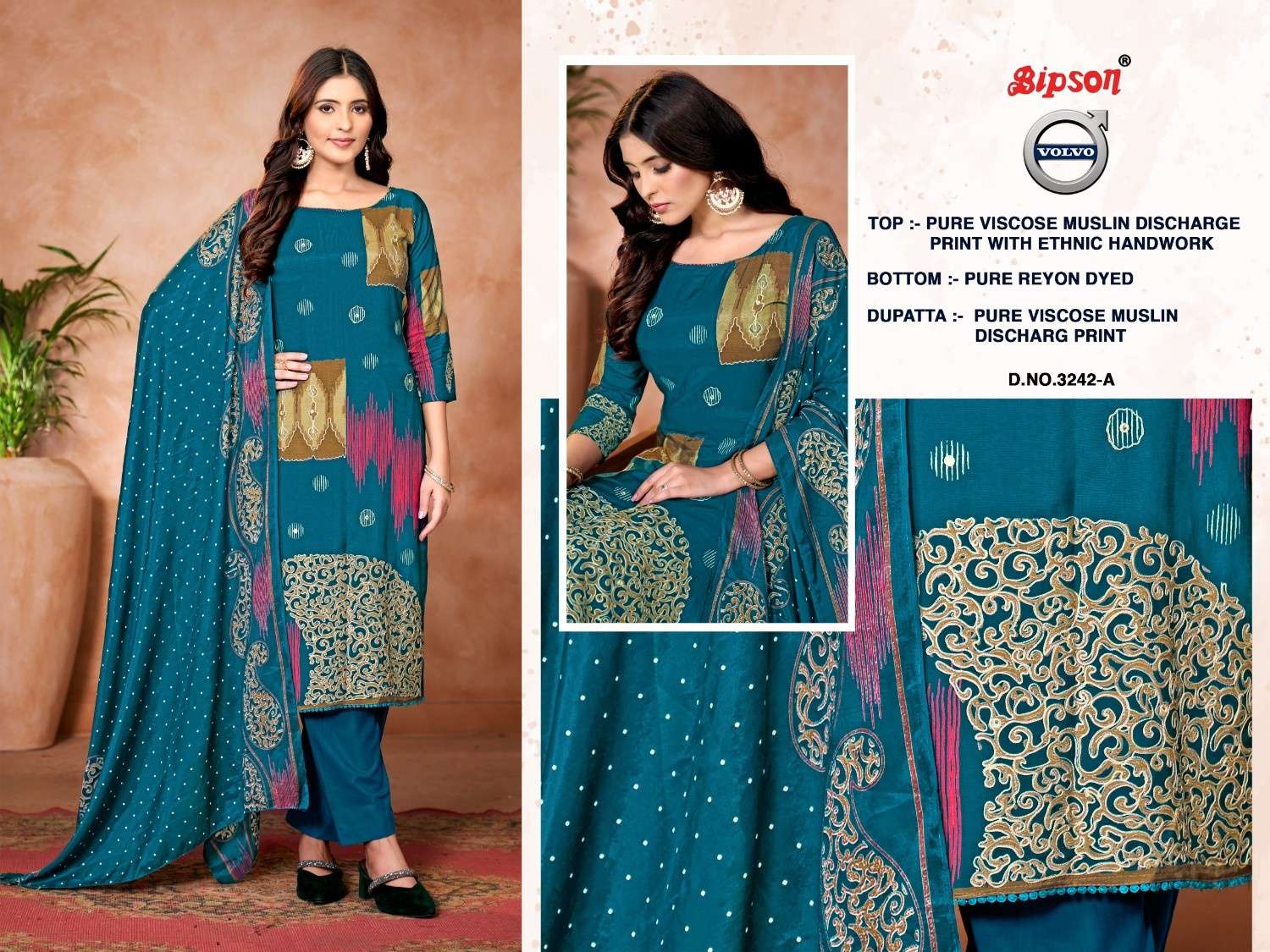BIPSON PRINTS VOLVO 3242 VISCOSE MUSLIN SHOP TRENDY 3PCS DRESS