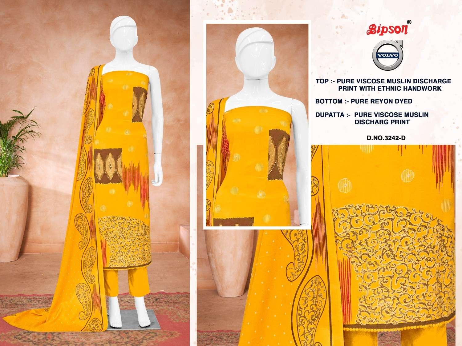 BIPSON PRINTS VOLVO 3242 VISCOSE MUSLIN SHOP TRENDY 3PCS DRESS