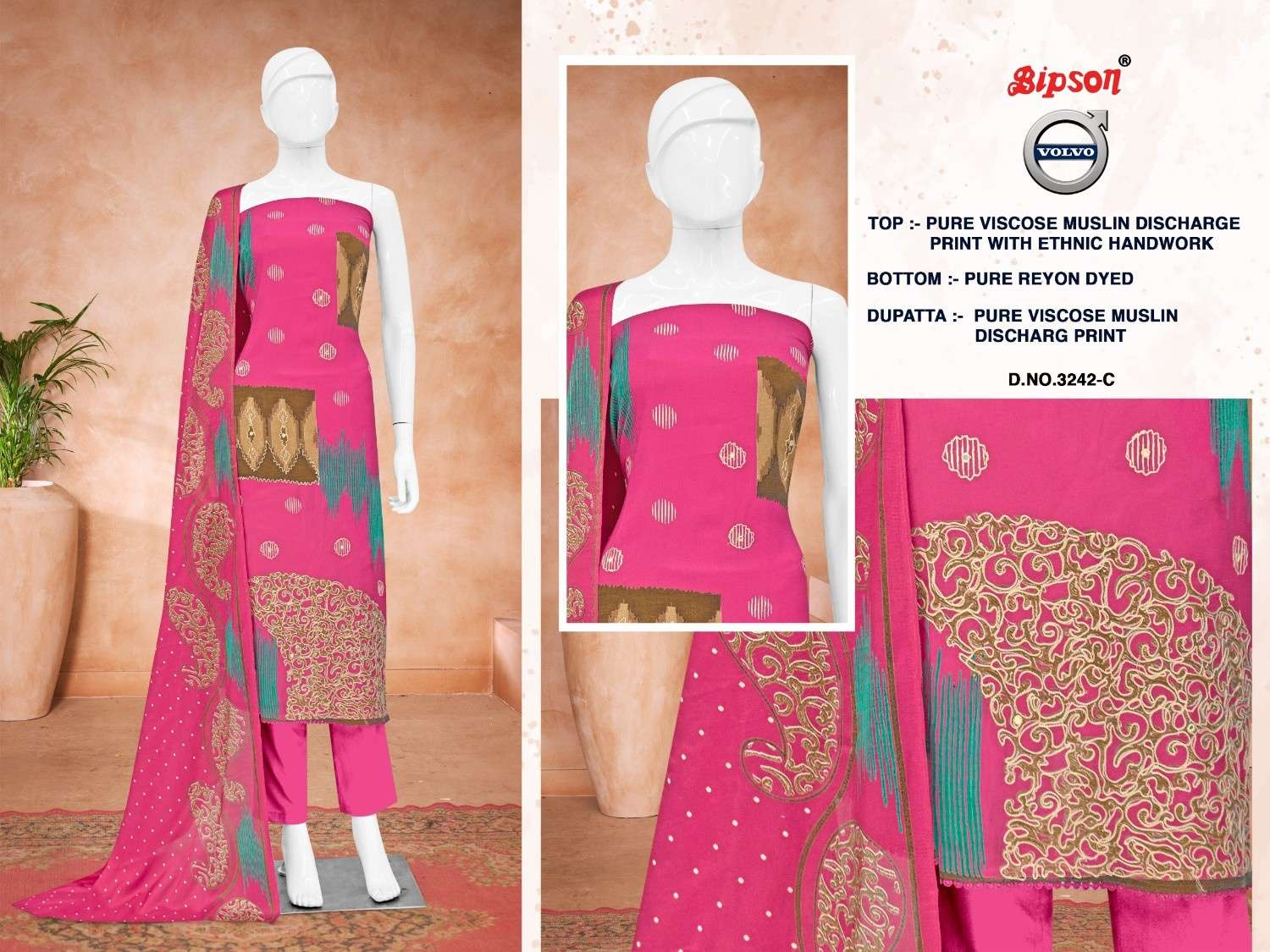 BIPSON PRINTS VOLVO 3242 VISCOSE MUSLIN SHOP TRENDY 3PCS DRESS