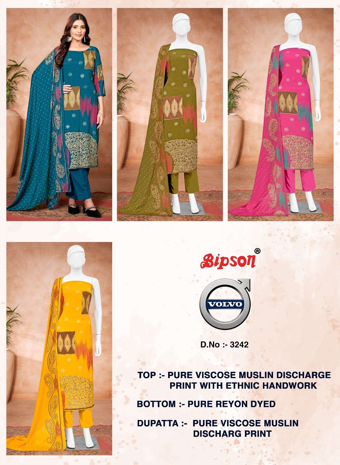 BIPSON PRINTS VOLVO 3242 VISCOSE MUSLIN SHOP TRENDY 3PCS DRESS