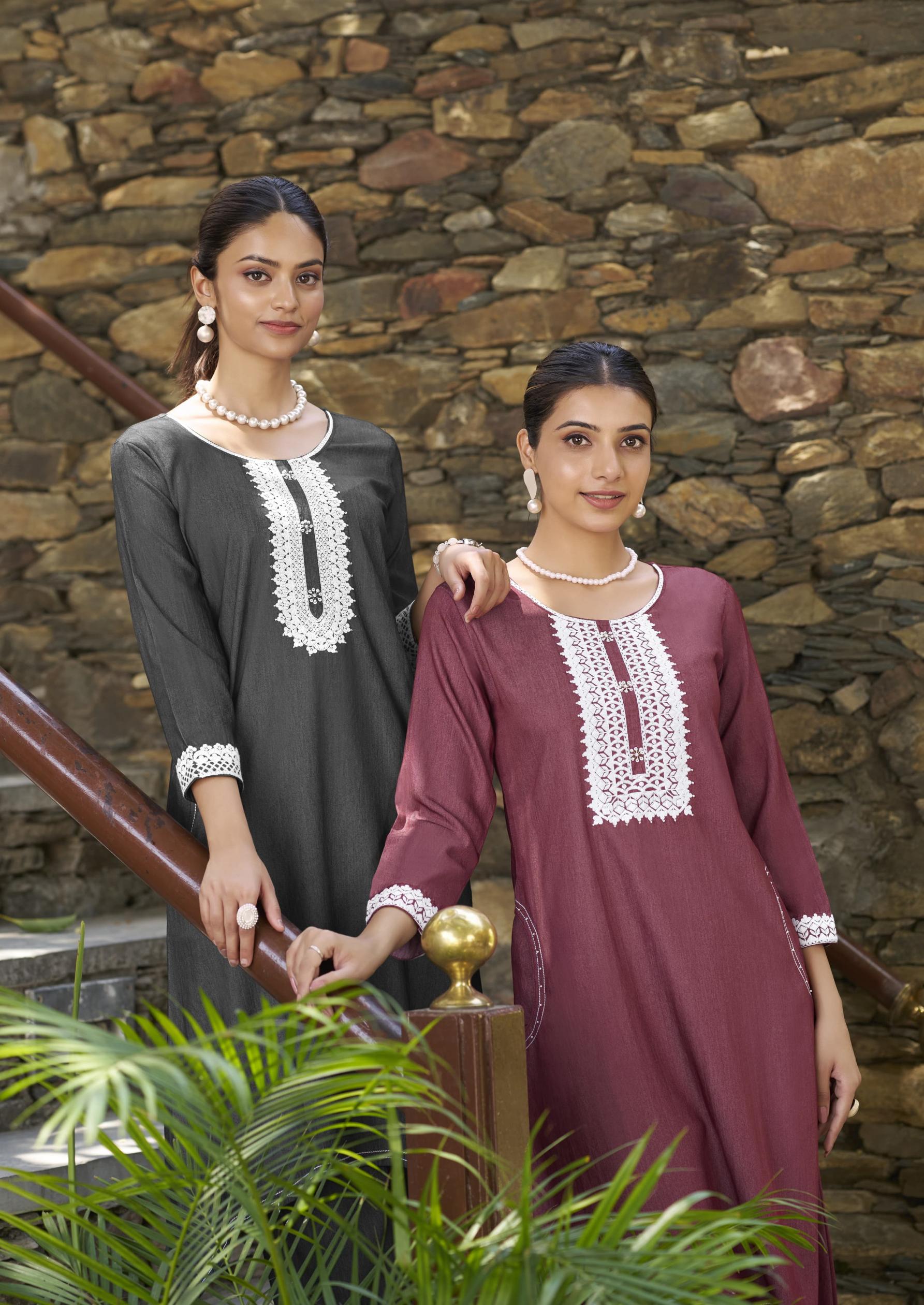 KARISSA ADITI DENIM FISH CUT UNIQUE COLOURS FULLY STITCH KURTI WITH PANT