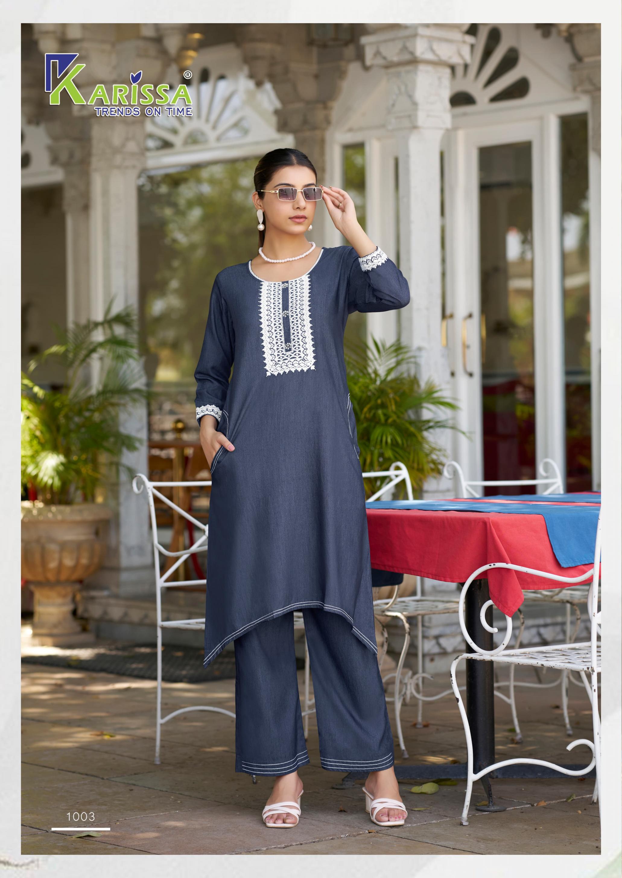 KARISSA ADITI DENIM FISH CUT UNIQUE COLOURS FULLY STITCH KURTI WITH PANT