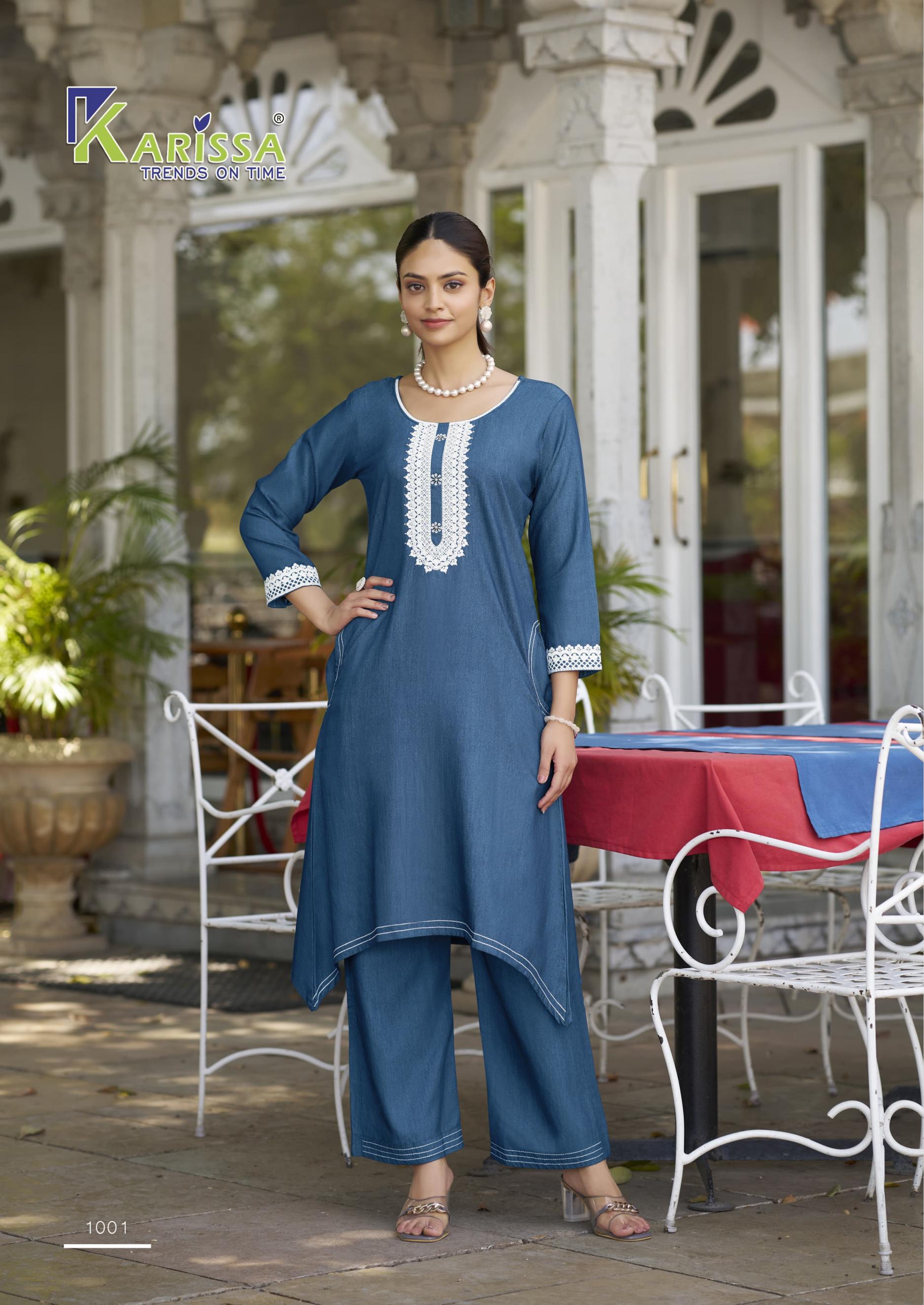 KARISSA ADITI DENIM FISH CUT UNIQUE COLOURS FULLY STITCH KURTI WITH PANT
