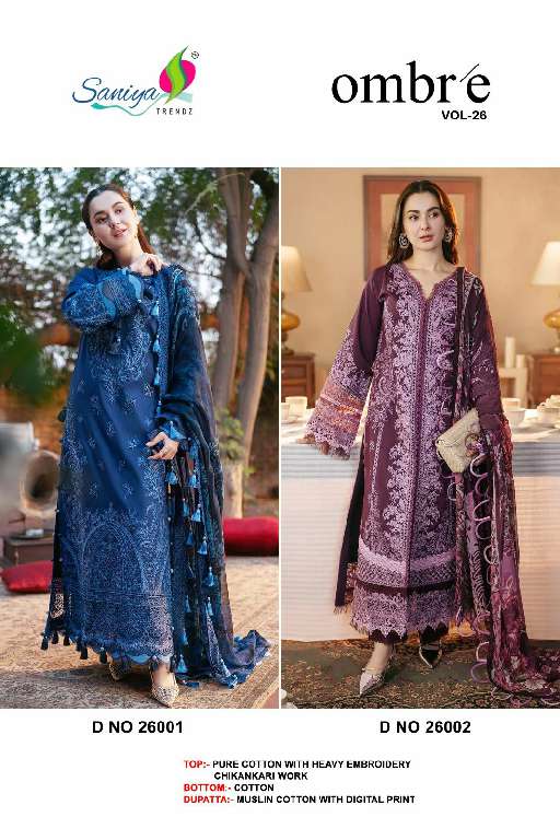 SANIYA TRENDZ OMBRE VOL-26 WHOLESALE COTTON WITH CHIKANKARI EMBROIDERED PAKISTANI SUITS