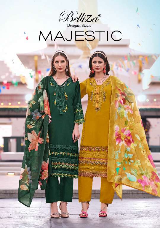 BELLIZA LAUNCH MAJESTIC WHOLESALE PURE ROMAN SILK WITH HEAVY EMBROIDERY 3PCS DRESS MATERIAL