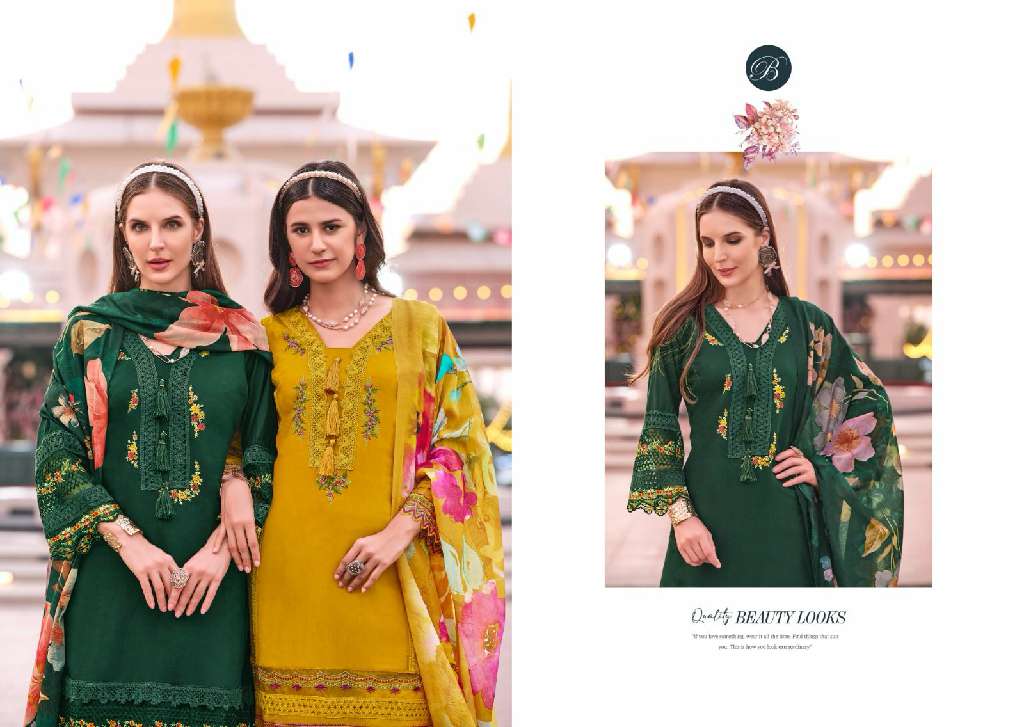 BELLIZA LAUNCH MAJESTIC WHOLESALE PURE ROMAN SILK WITH HEAVY EMBROIDERY 3PCS DRESS MATERIAL