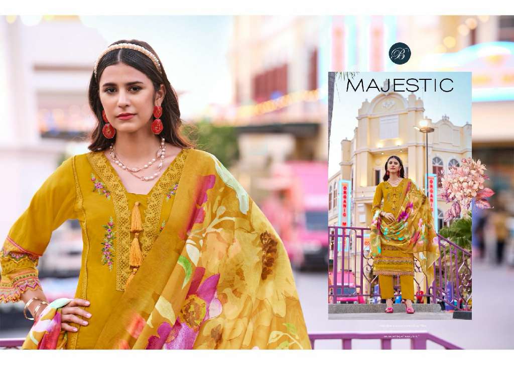 BELLIZA LAUNCH MAJESTIC WHOLESALE PURE ROMAN SILK WITH HEAVY EMBROIDERY 3PCS DRESS MATERIAL