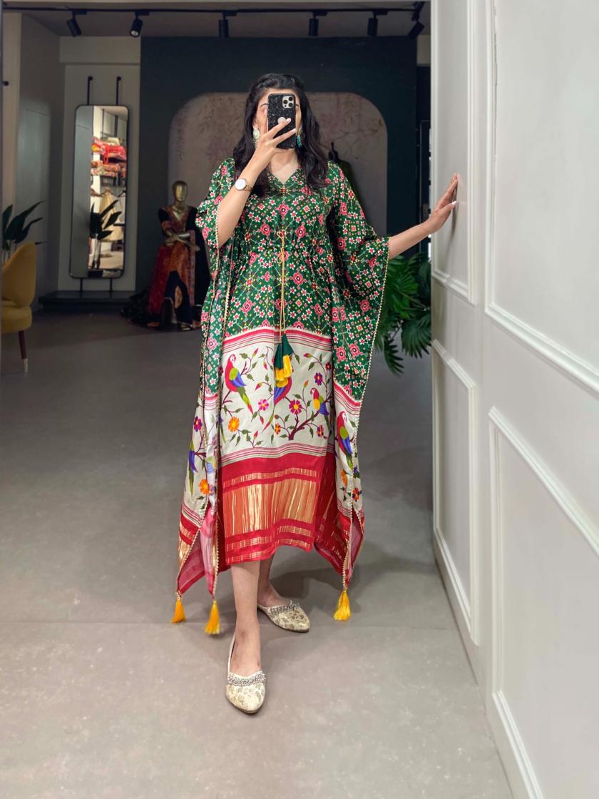 KAFTAN GAJI SILK DIGITAL PRINT WITH GOTTA PATTI READYMADE KAFTAN KURTI