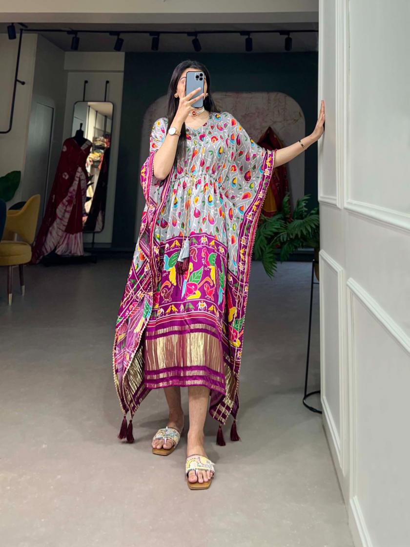 KAFTAN GAJI SILK DIGITAL PRINT WITH GOTTA PATTI READYMADE KAFTAN KURTI