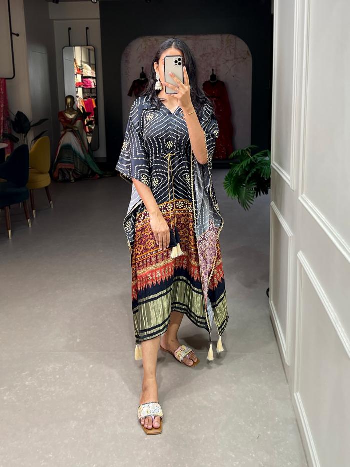 KAFTAN GAJI SILK DIGITAL PRINT WITH GOTTA PATTI READYMADE KAFTAN KURTI