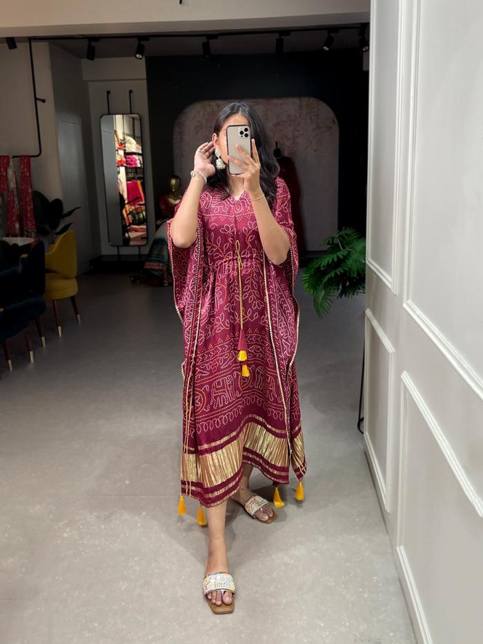 KAFTAN GAJI SILK DIGITAL PRINT WITH GOTTA PATTI READYMADE KAFTAN KURTI