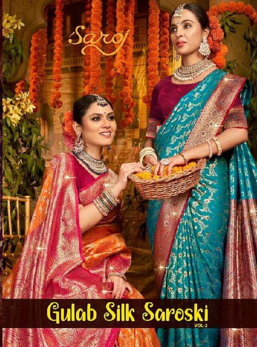 SAROJ GULAB SILK SAROSKI VOL-2 WHOLESALE SOFT SILK CONTRAST RICH PALLU WITH HEAVY SWAROSKI WORK DESIGNER SAREES