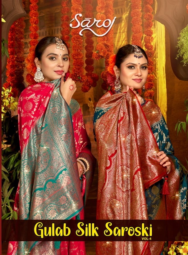 SAROJ GULAB SILK SAROSKI VOL-4 WHOLESALE SOFT SILK CONTRAST RICH PALLU WITH HEAVY SWAROSKI WORK DESIGNER SAREES