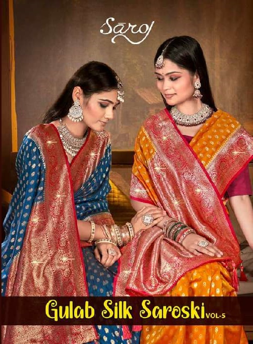 SAROJ GULAB SILK SAROSKI VOL-5 WHOLESALE SOFT SILK CONTRAST RICH PALLU WITH HEAVY SWAROSKI WORK DESIGNER SAREES