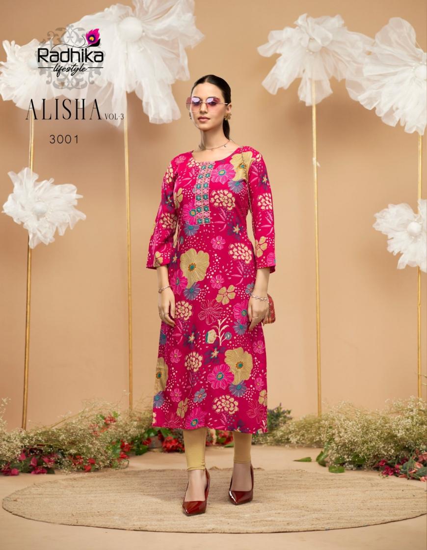 RADHIKA LIFESTYLE ALISHA VOL 3 RAYON READYMADE PLUS SIZE LONG KURTIS