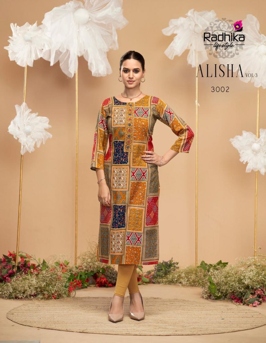 RADHIKA LIFESTYLE ALISHA VOL 3 RAYON READYMADE PLUS SIZE LONG KURTIS