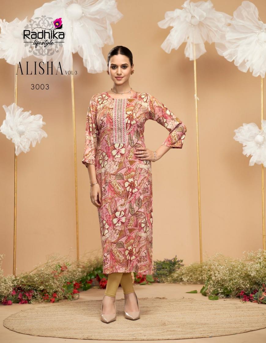 RADHIKA LIFESTYLE ALISHA VOL 3 RAYON READYMADE PLUS SIZE LONG KURTIS