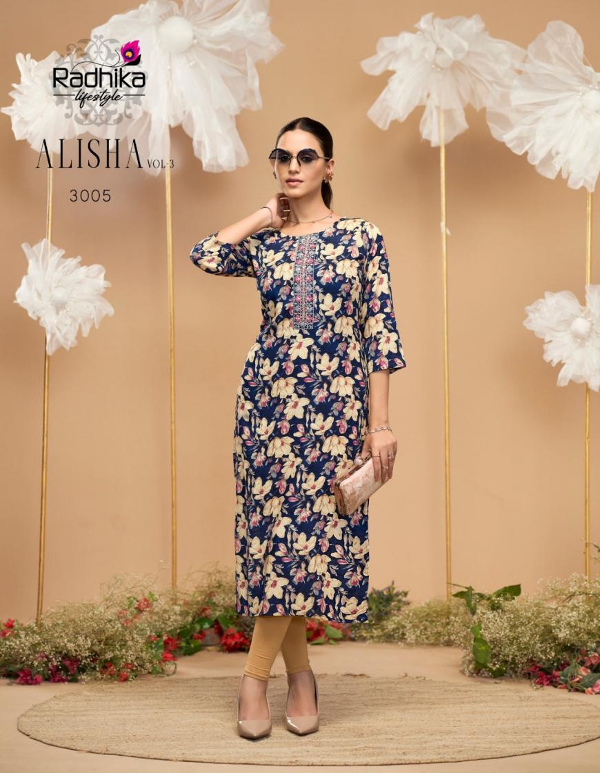 RADHIKA LIFESTYLE ALISHA VOL 3 RAYON READYMADE PLUS SIZE LONG KURTIS