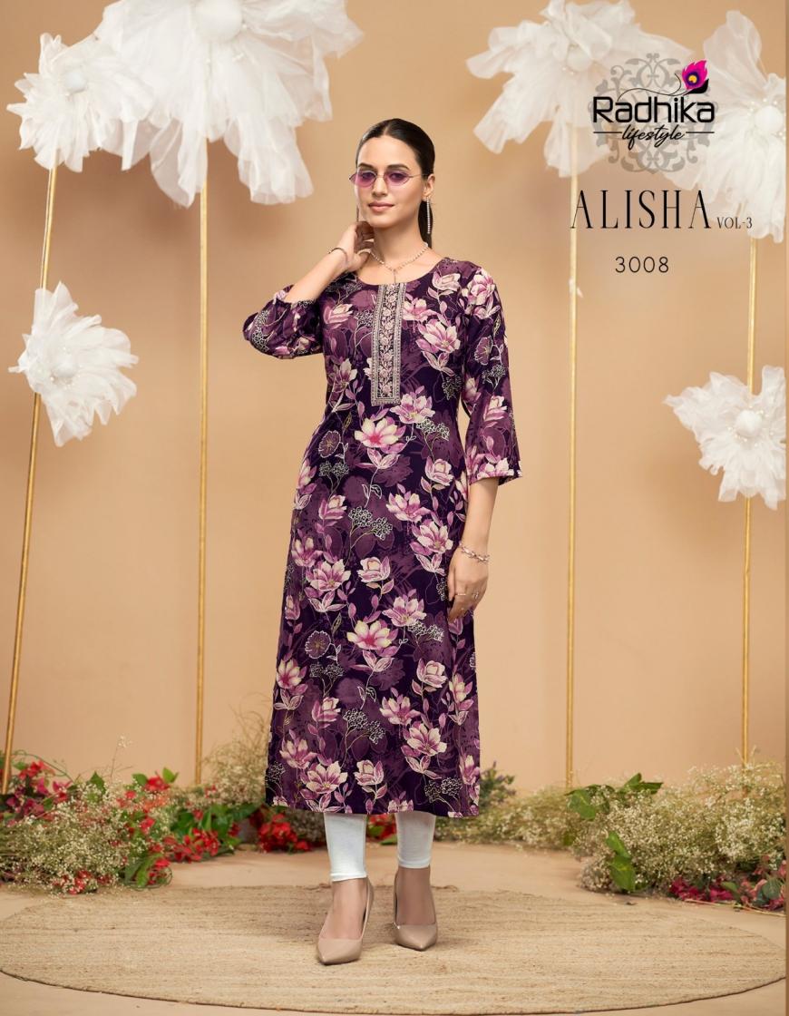 RADHIKA LIFESTYLE ALISHA VOL 3 RAYON READYMADE PLUS SIZE LONG KURTIS
