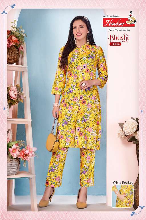 NAVKAR KHUSHI VOL 1 RAYON READYMADE STYLISH KURTI WITH PANT SUPPLIER