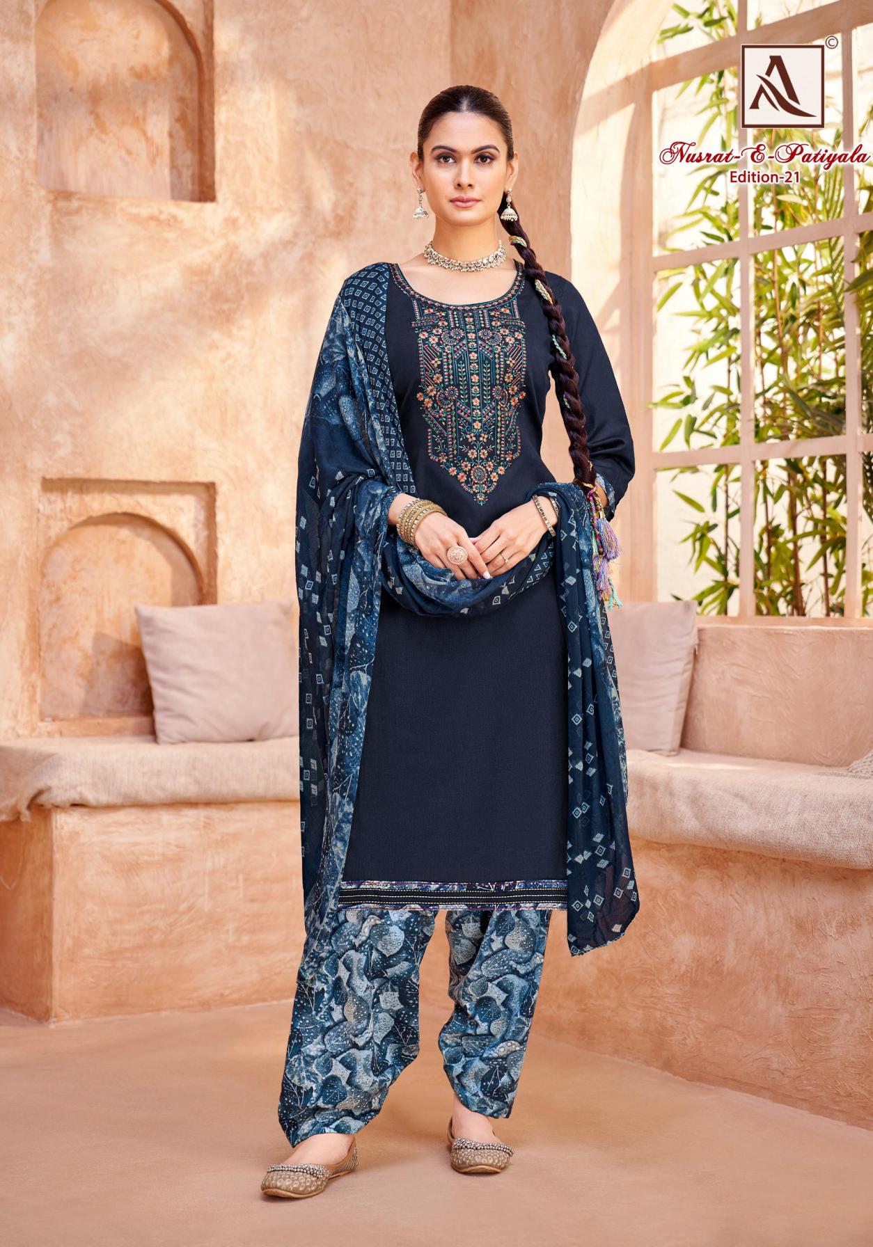 ALOK SUITS LAUNCH NUSRAT E PATIYALA VOL 21 UNSTITCHED ZAM STYLE PATIYALA SUITS
