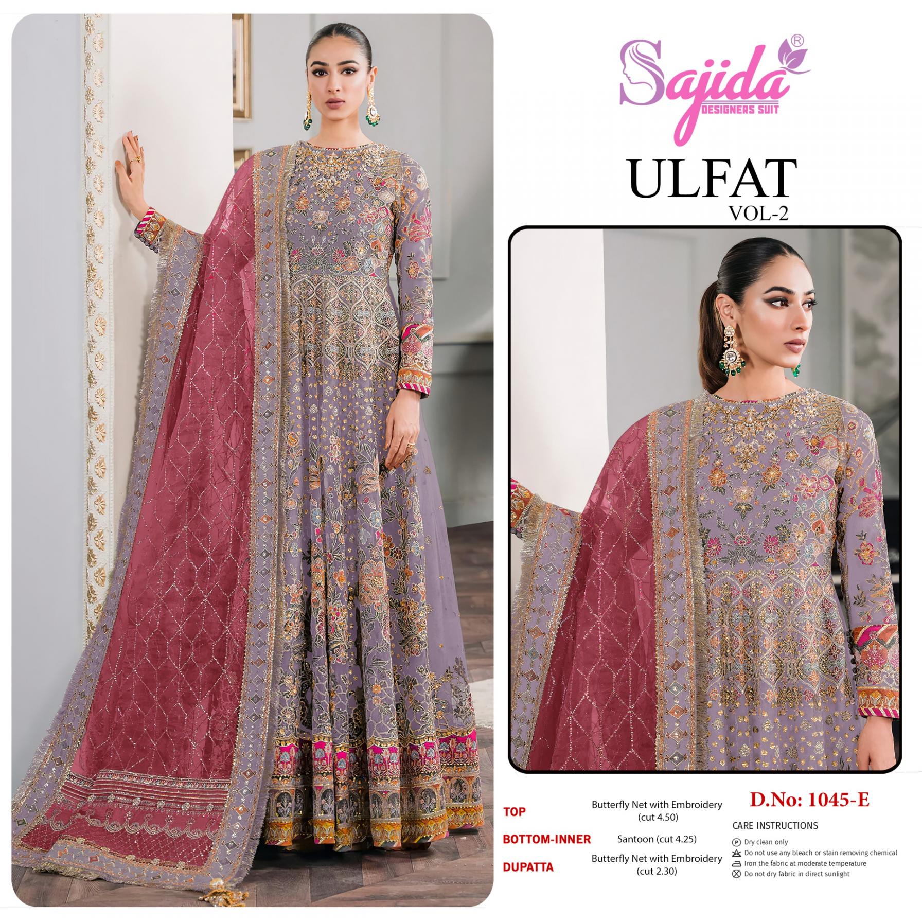 ULFAT VOL 2 BY SAJIDA DESIGNER BUTTERFLY NET 1045 PAKISTANI 3PCS DRESS