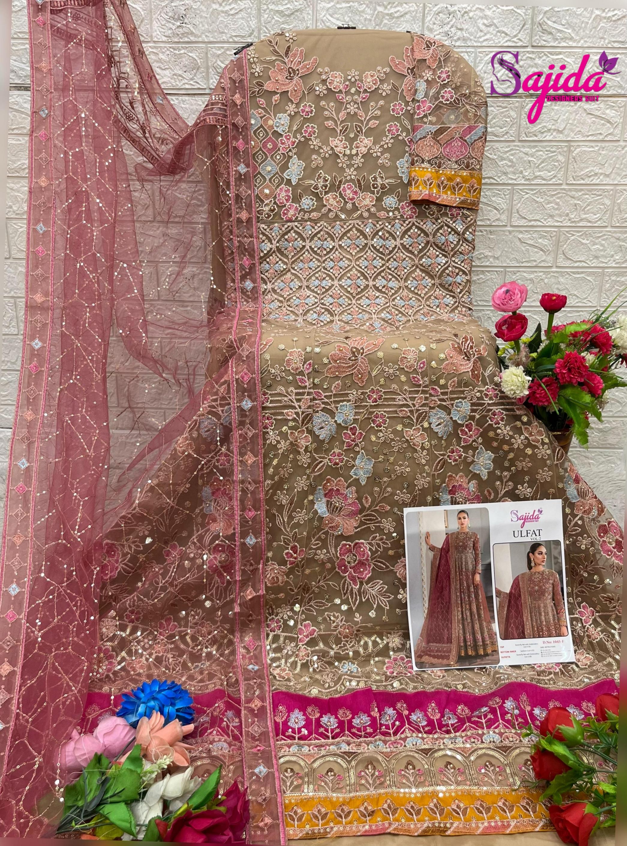 ULFAT VOL 2 BY SAJIDA DESIGNER BUTTERFLY NET 1045 PAKISTANI 3PCS DRESS