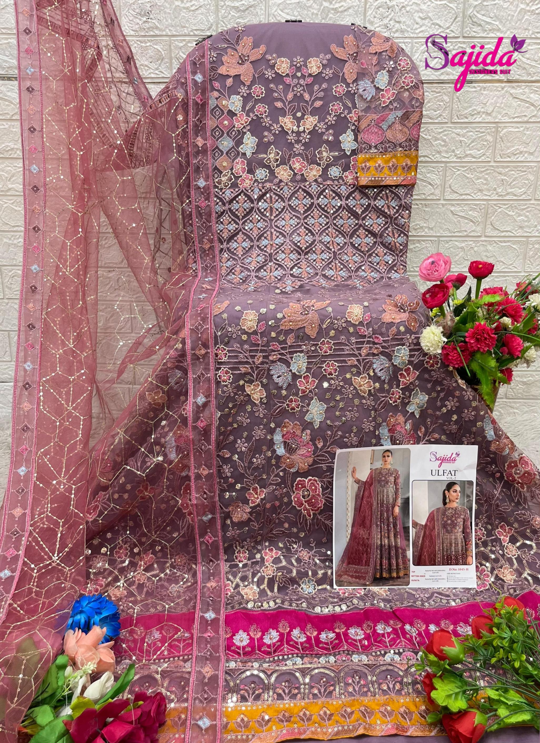 ULFAT VOL 2 BY SAJIDA DESIGNER BUTTERFLY NET 1045 PAKISTANI 3PCS DRESS