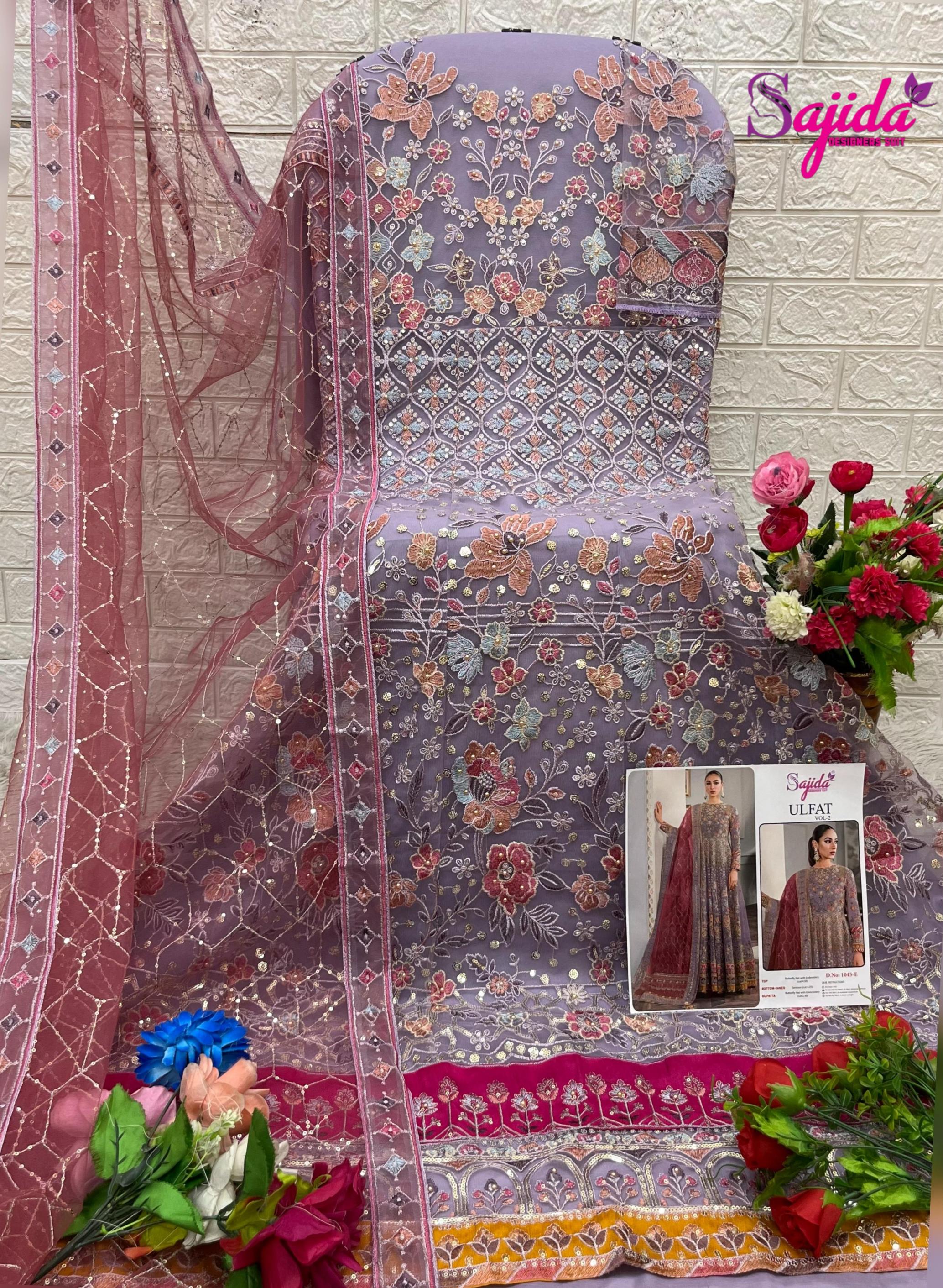 ULFAT VOL 2 BY SAJIDA DESIGNER BUTTERFLY NET 1045 PAKISTANI 3PCS DRESS
