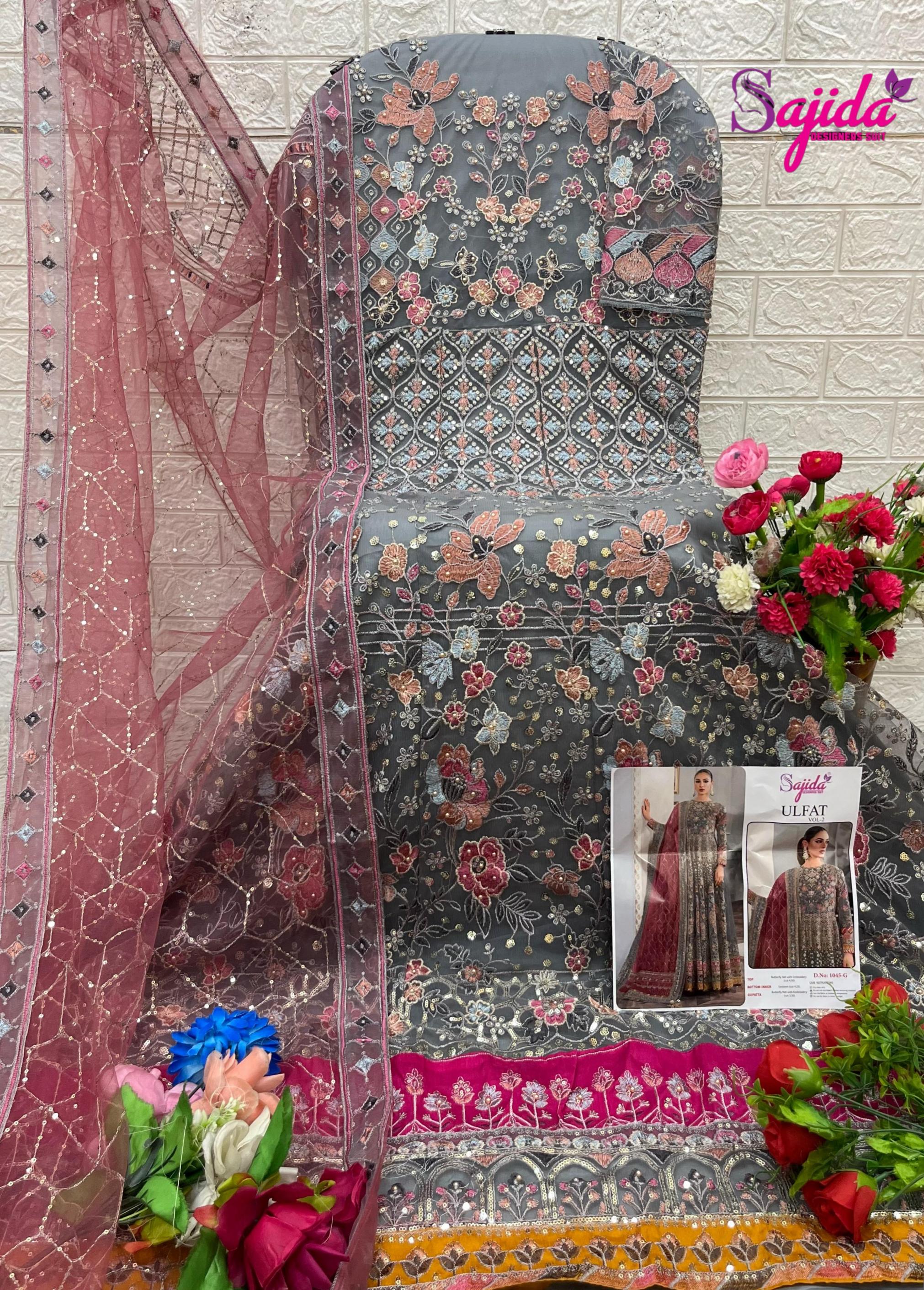 ULFAT VOL 2 BY SAJIDA DESIGNER BUTTERFLY NET 1045 PAKISTANI 3PCS DRESS