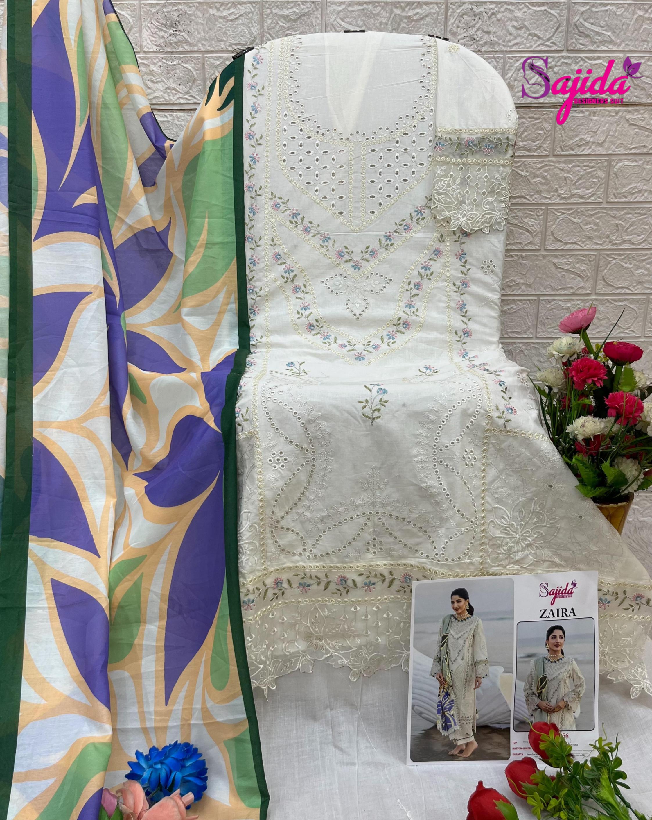 ZAIRA BY SAJIDA DESIGNER CAMBRIC COTTON PAKISTANI 3PCS DRESS MATERIAL