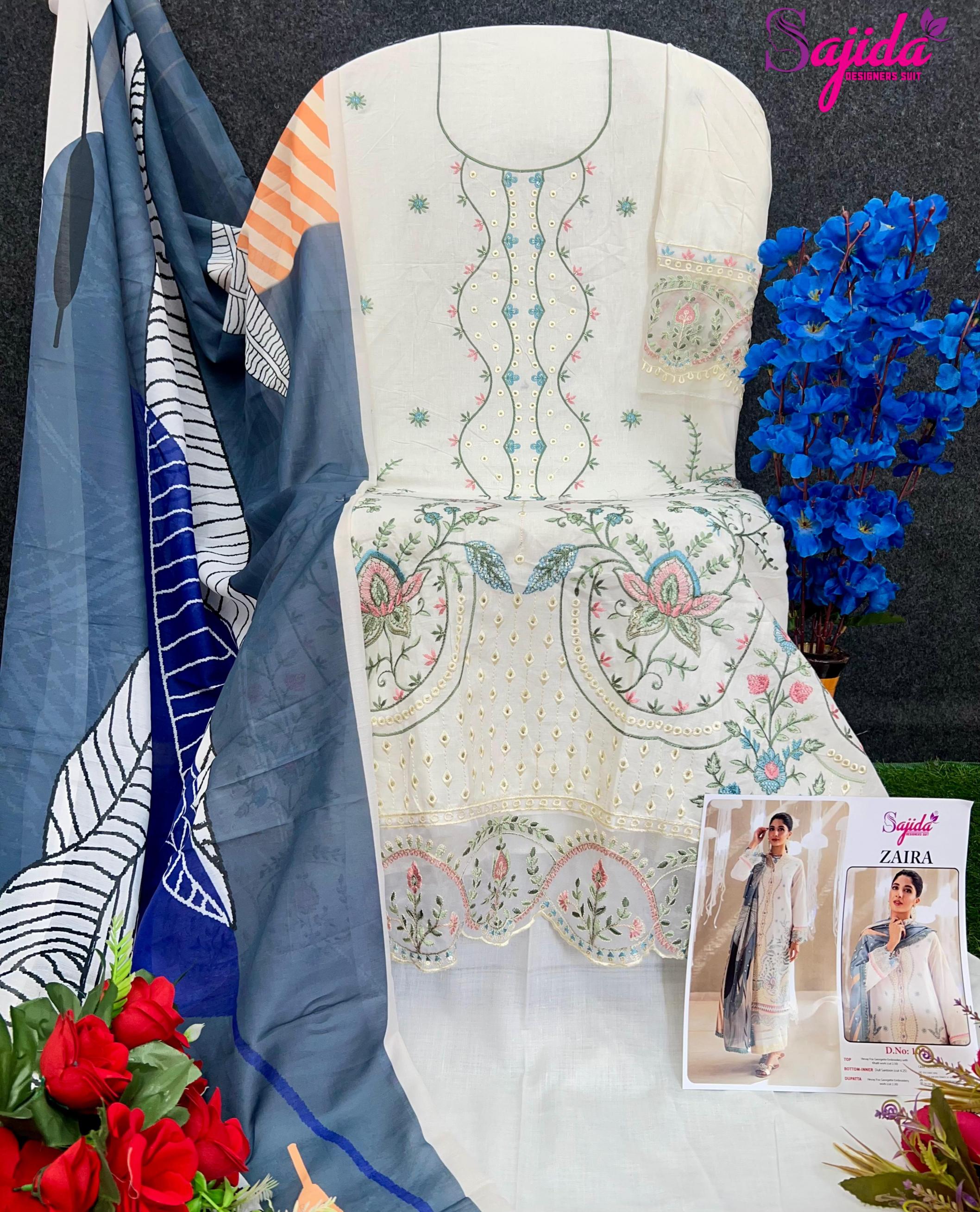 ZAIRA BY SAJIDA DESIGNER CAMBRIC COTTON PAKISTANI 3PCS DRESS MATERIAL