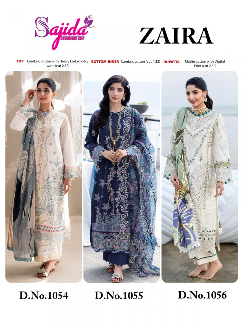 ZAIRA BY SAJIDA DESIGNER CAMBRIC COTTON PAKISTANI 3PCS DRESS MATERIAL