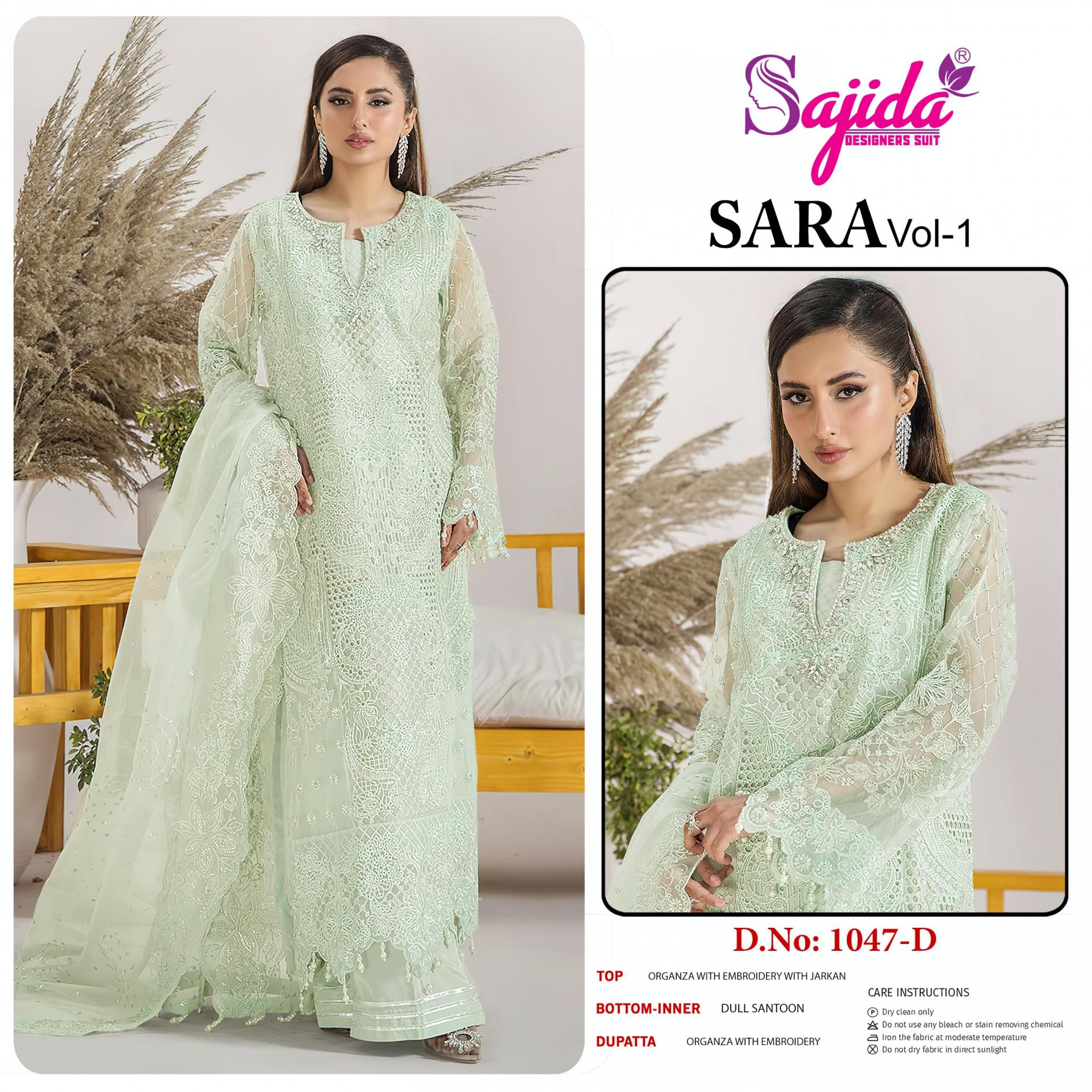 SAJIDA DESIGNER LAUNCH SARA VOL 1047ABCD ORGANZA EMBRODERIED HEAVY PAKISTANI COLLECTION