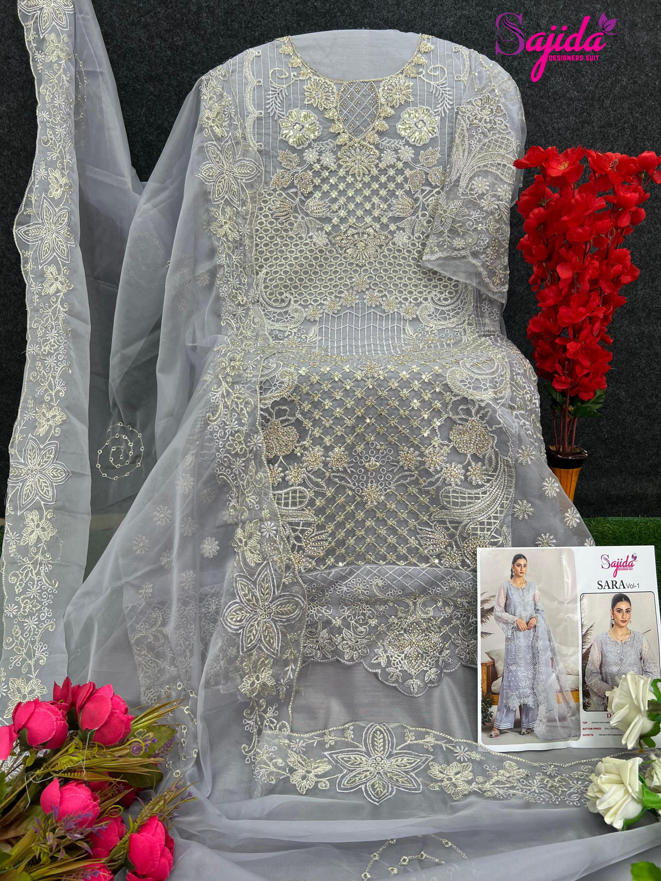 SAJIDA DESIGNER LAUNCH SARA VOL 1047ABCD ORGANZA EMBRODERIED HEAVY PAKISTANI COLLECTION