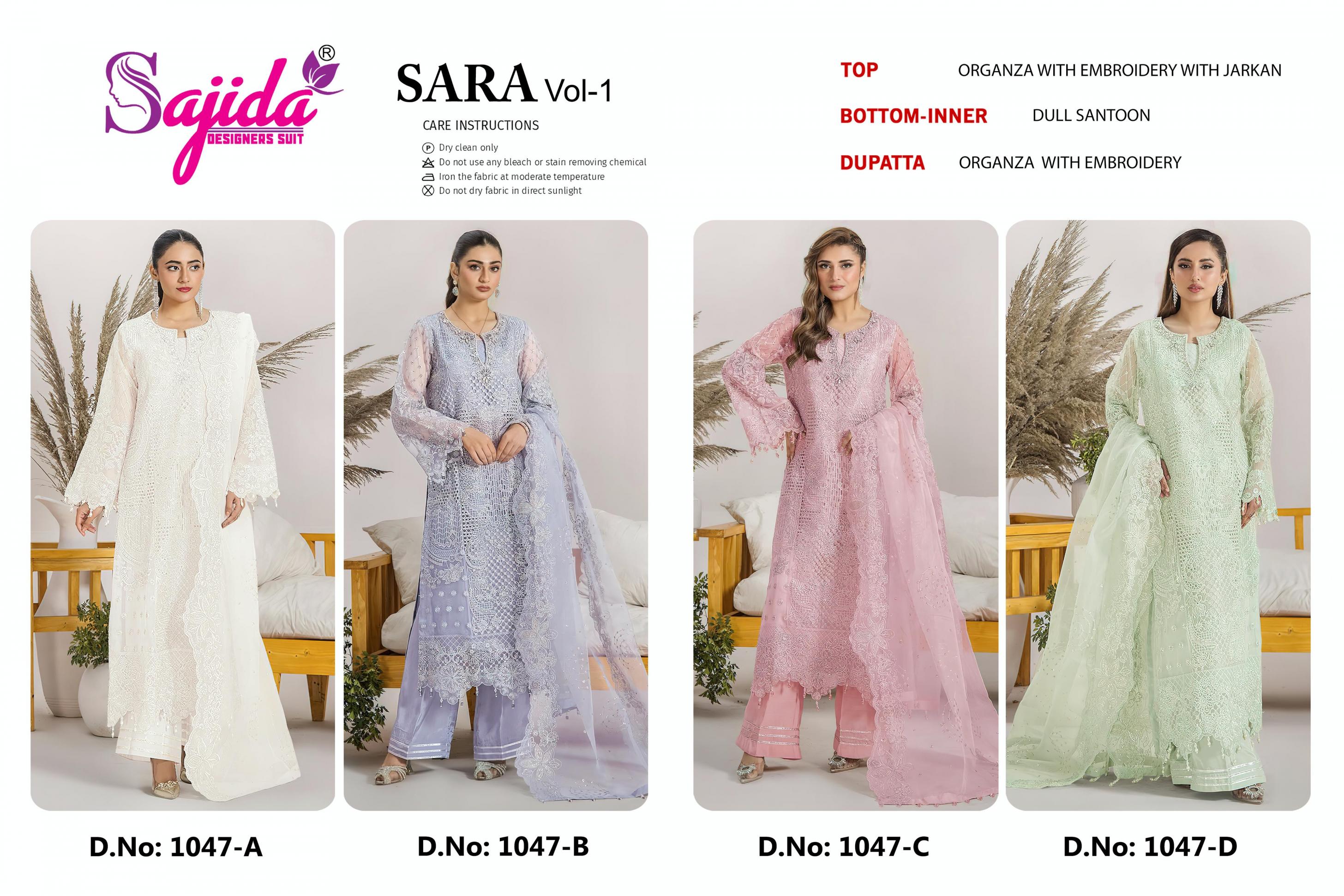 SAJIDA DESIGNER LAUNCH SARA VOL 1047ABCD ORGANZA EMBRODERIED HEAVY PAKISTANI COLLECTION