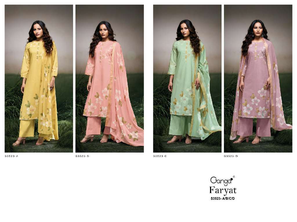 GANGA FARYAT S3523 WHOLESALE PREMIUM COTTON PRINTED WITH HANDWORK CLASSIC SUITS