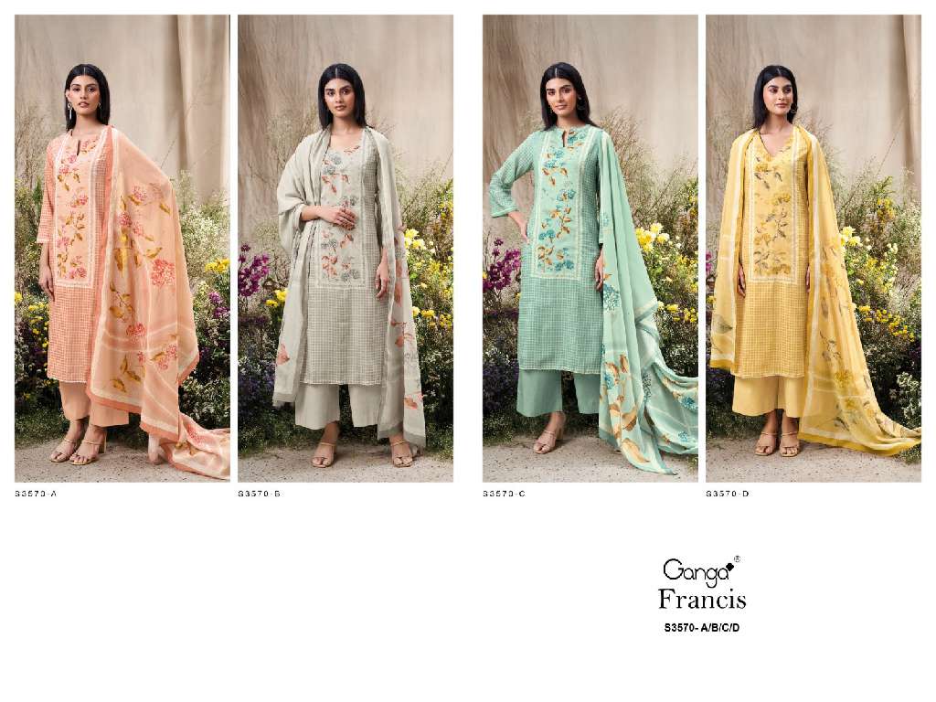 GANGA PRESENT FRANCIS S3570 WHOLESALE PREMIUM COTTON MAL PRINTED WITH HANDWORK CLASSIC SUITS ONLINE