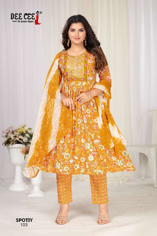 DEE CEE SPOTIY WHOLESALE RAYON FOIL PRINTED DESIGNER SUITS