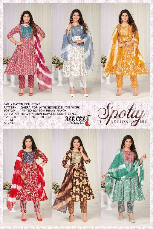 DEE CEE SPOTIY WHOLESALE RAYON FOIL PRINTED DESIGNER SUITS