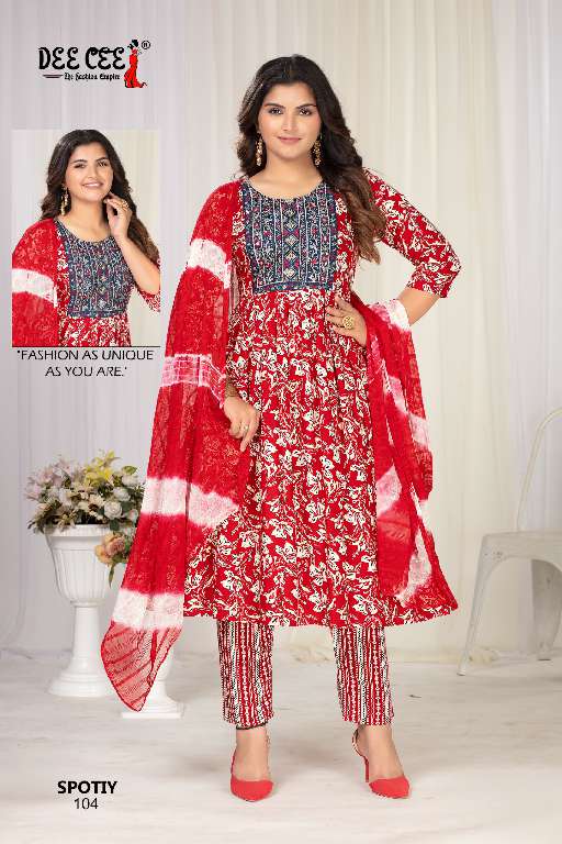 DEE CEE SPOTIY WHOLESALE RAYON FOIL PRINTED DESIGNER SUITS