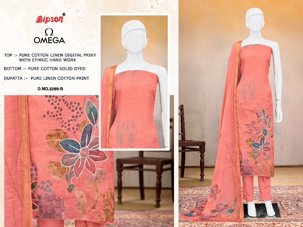 BIPSON OMEGA D.NO 3289 WHOLESALE PURE LINEN DIGITAL PRINT WITH KHATLI HANDWORK PRETTY DRESS MATERIAL