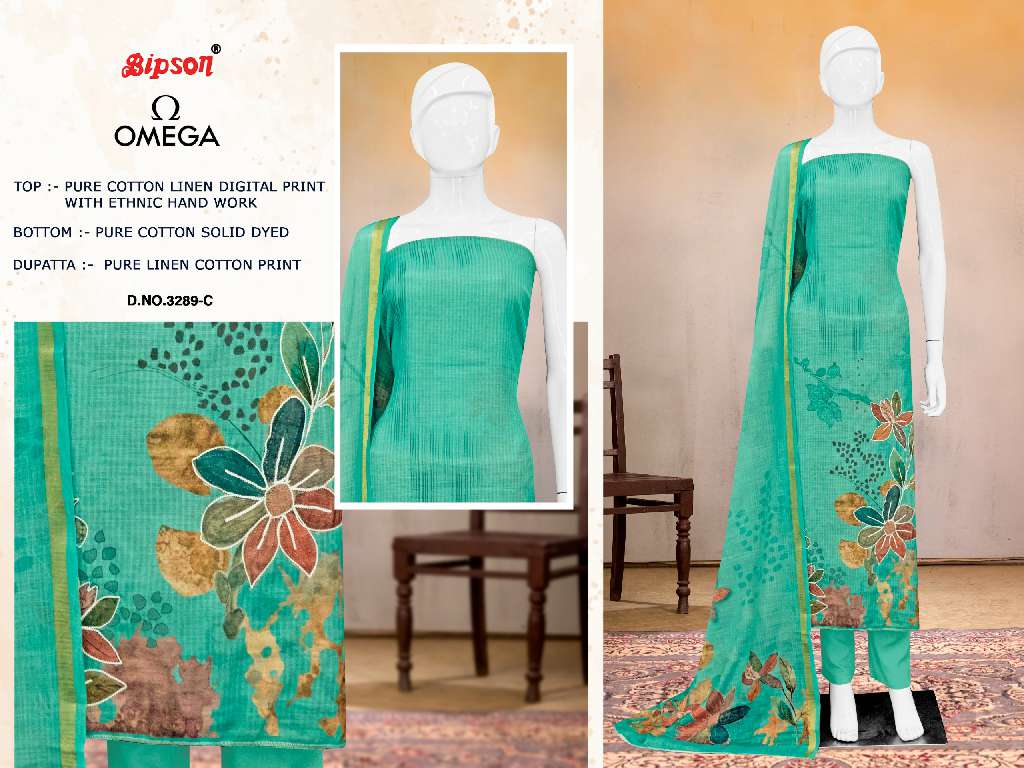 BIPSON OMEGA D.NO 3289 WHOLESALE PURE LINEN DIGITAL PRINT WITH KHATLI HANDWORK PRETTY DRESS MATERIAL
