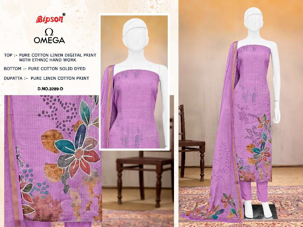 BIPSON OMEGA D.NO 3289 WHOLESALE PURE LINEN DIGITAL PRINT WITH KHATLI HANDWORK PRETTY DRESS MATERIAL