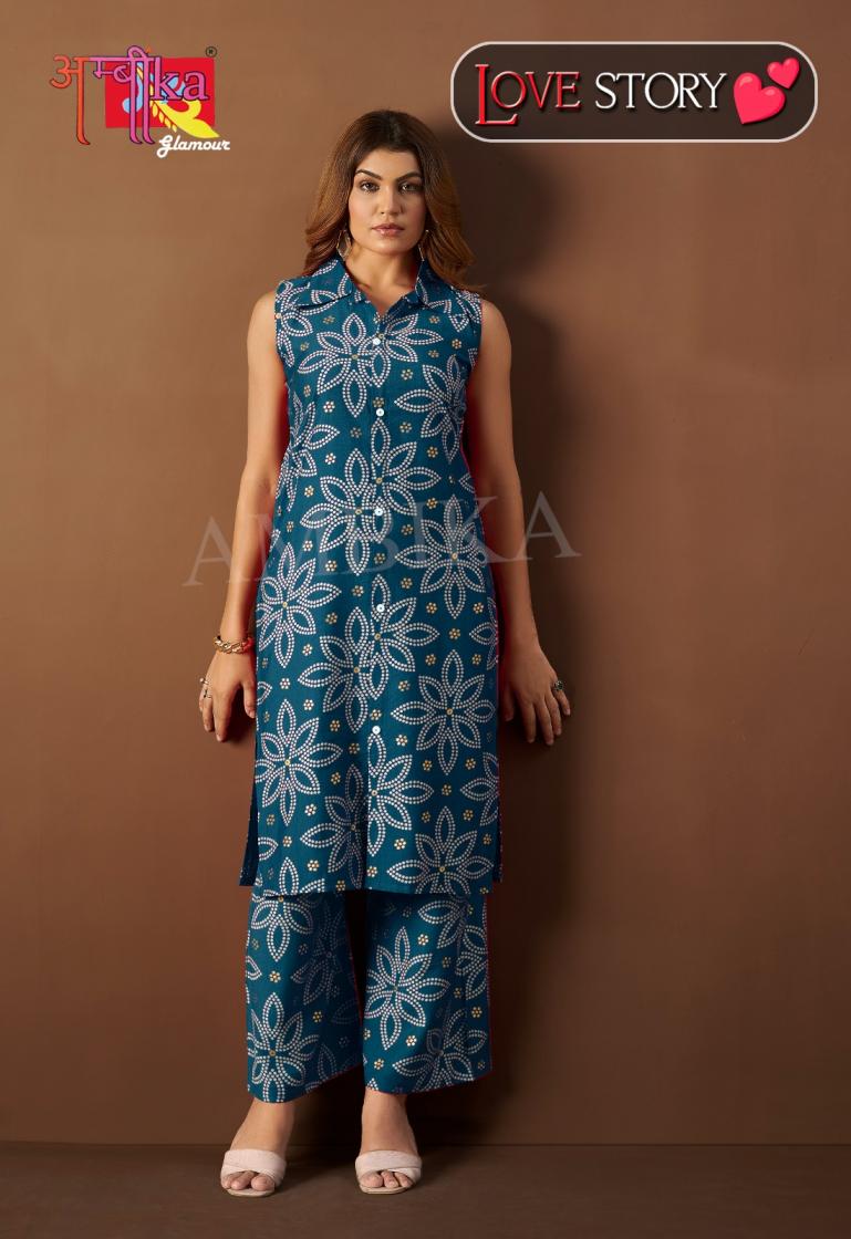 AMBIKA LOVE STORY VOL 2 VETICAN MILL PRINT STYLISH READYMADE COMBO KURTI WITH PANT