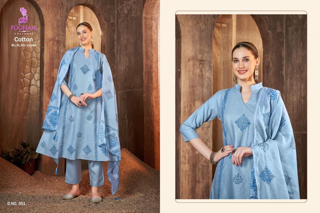 POONAM DESIGNER 351-354 COTTON GORGEOUS LOOK FULL STITCH A LINE KURTA SETS