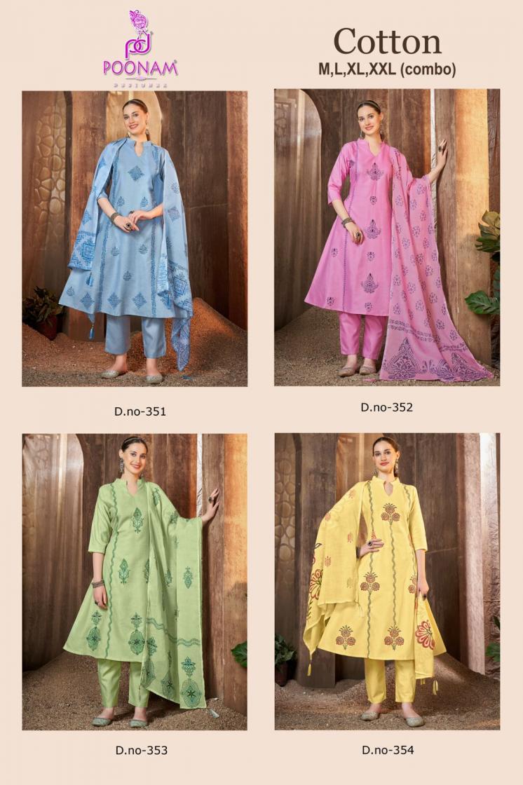 POONAM DESIGNER 351-354 COTTON GORGEOUS LOOK FULL STITCH A LINE KURTA SETS